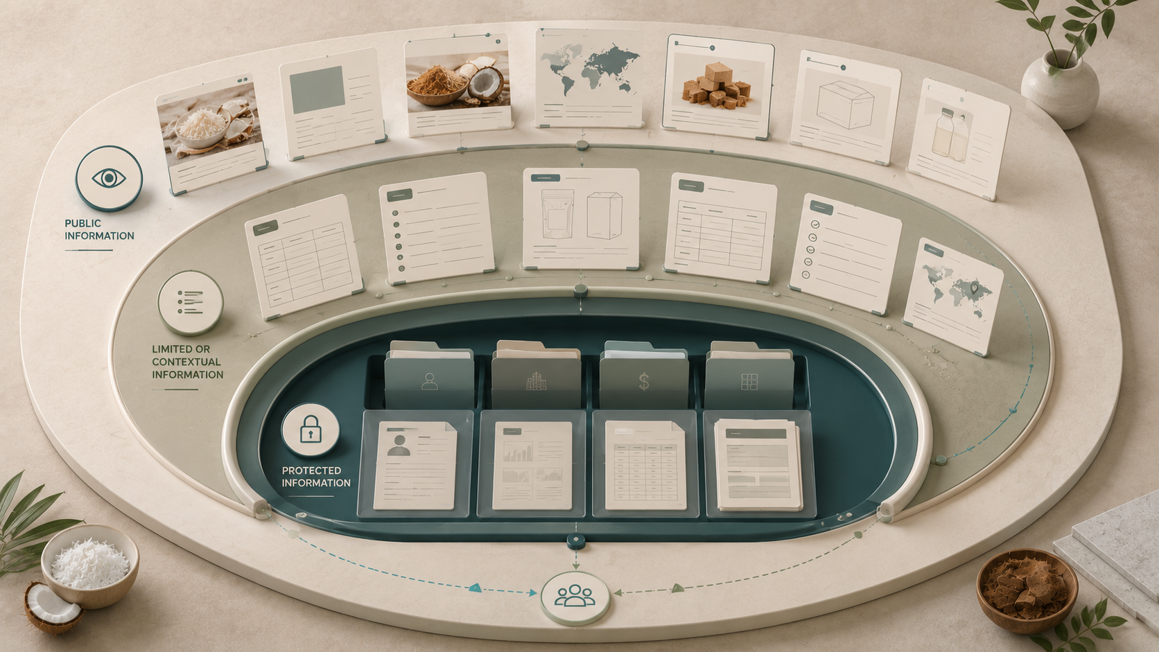 Layered public, contextual and protected information cards showing different levels of visibility.