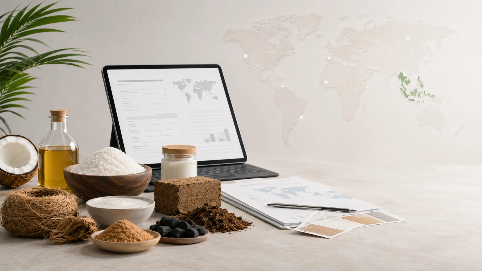 Representative Indonesian coconut products arranged beside a neutral sourcing workspace and international market map.