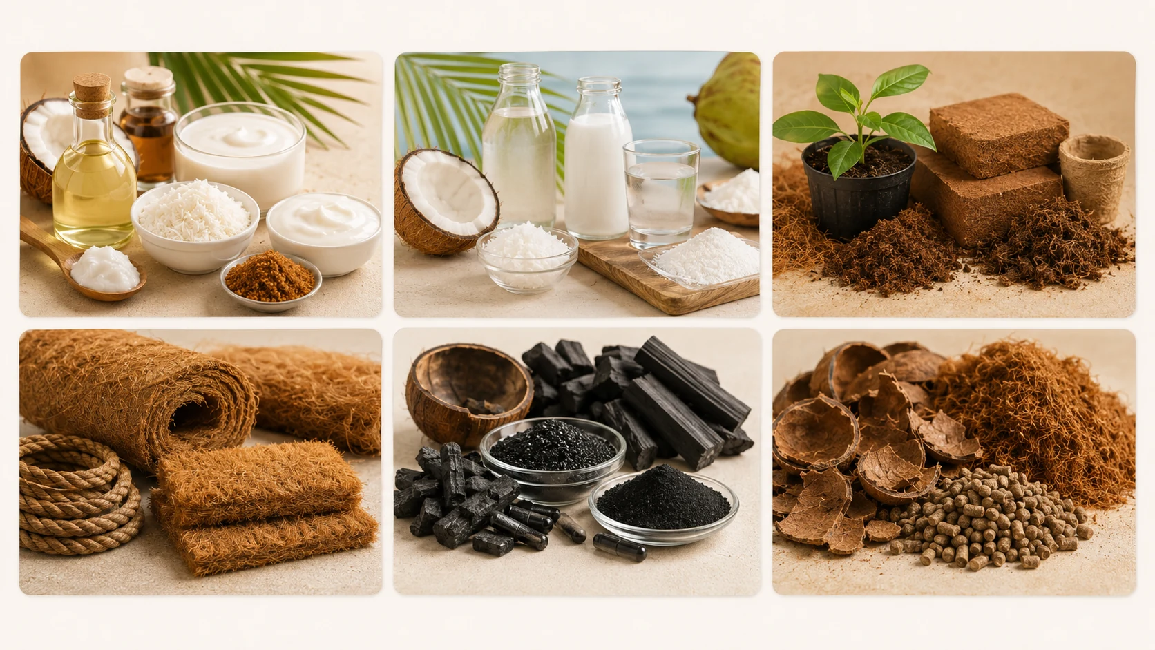 Six visual categories of Indonesian coconut-product opportunities.