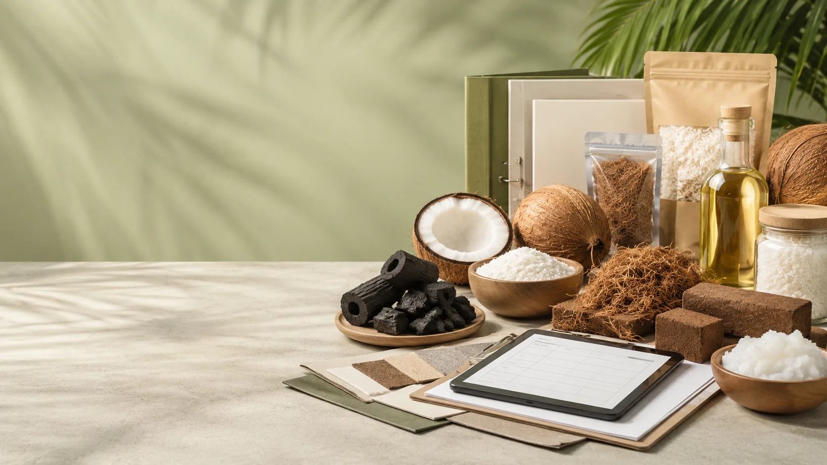 Representative coconut products, packaging samples and supplier information documents arranged beside open space for supplier-page content.