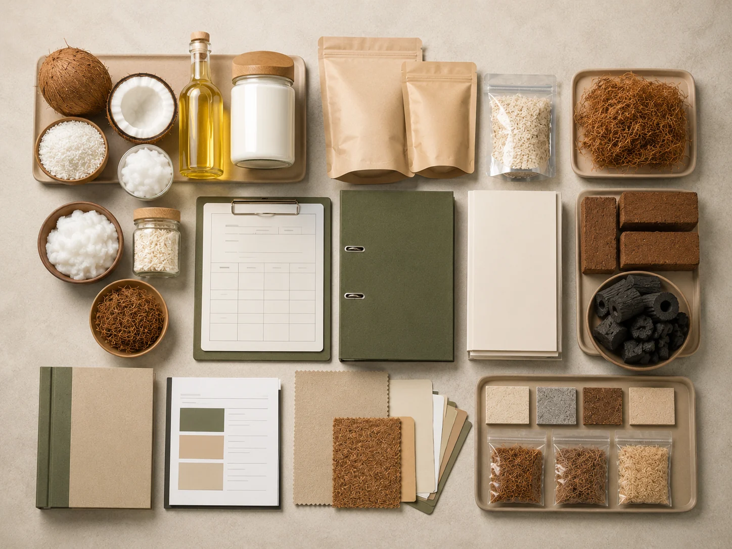 Organised supplier capability materials showing coconut-product forms, packaging samples, documents and specification references.