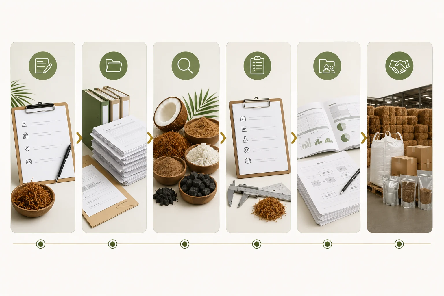 Six-stage supplier review pathway showing information, documents, products, clarification, review and potential follow-up.