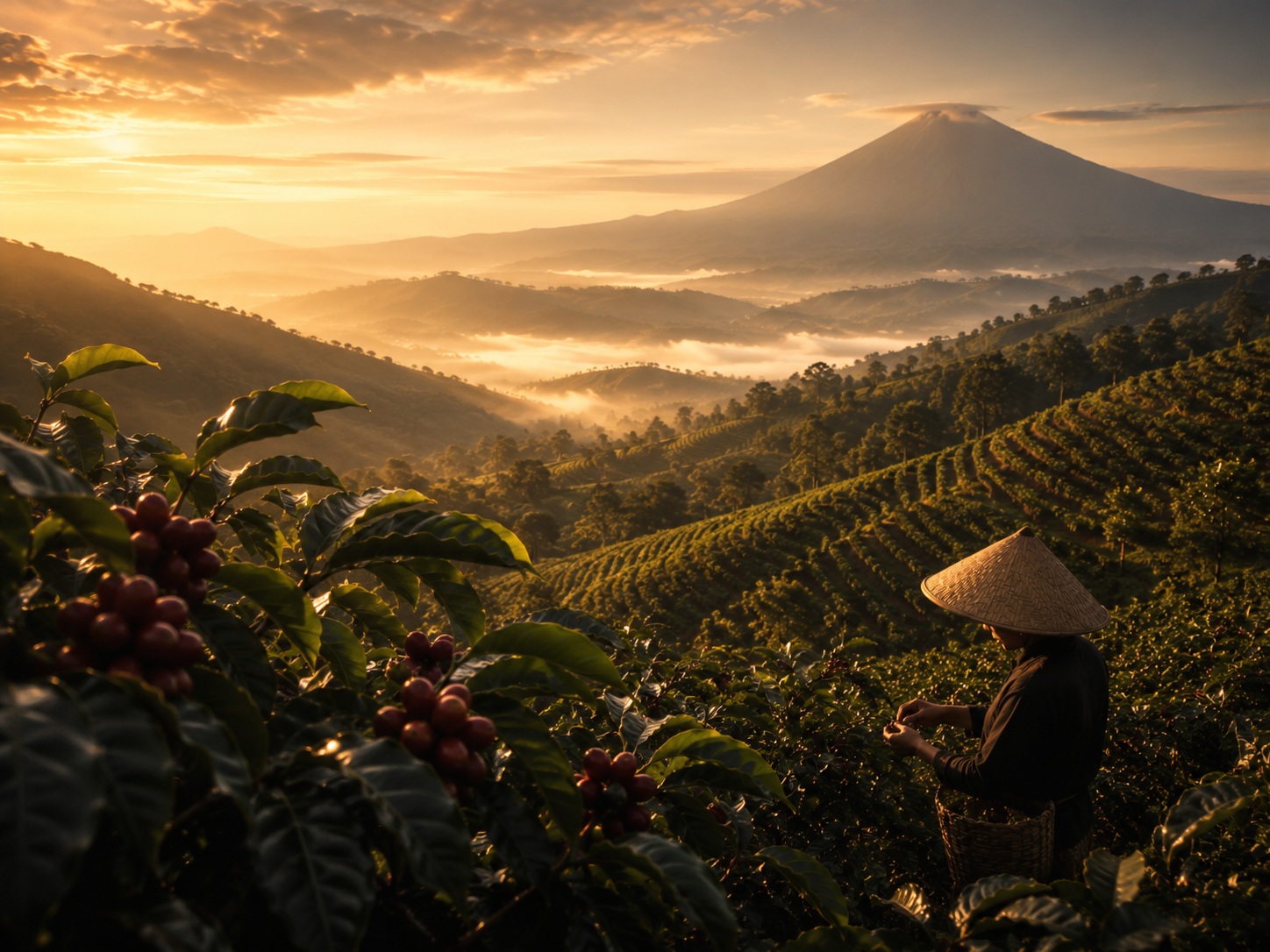 Indonesian coffee highlands at sunrise