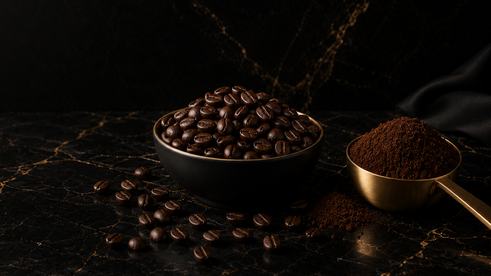 Whole coffee beans and freshly ground coffee