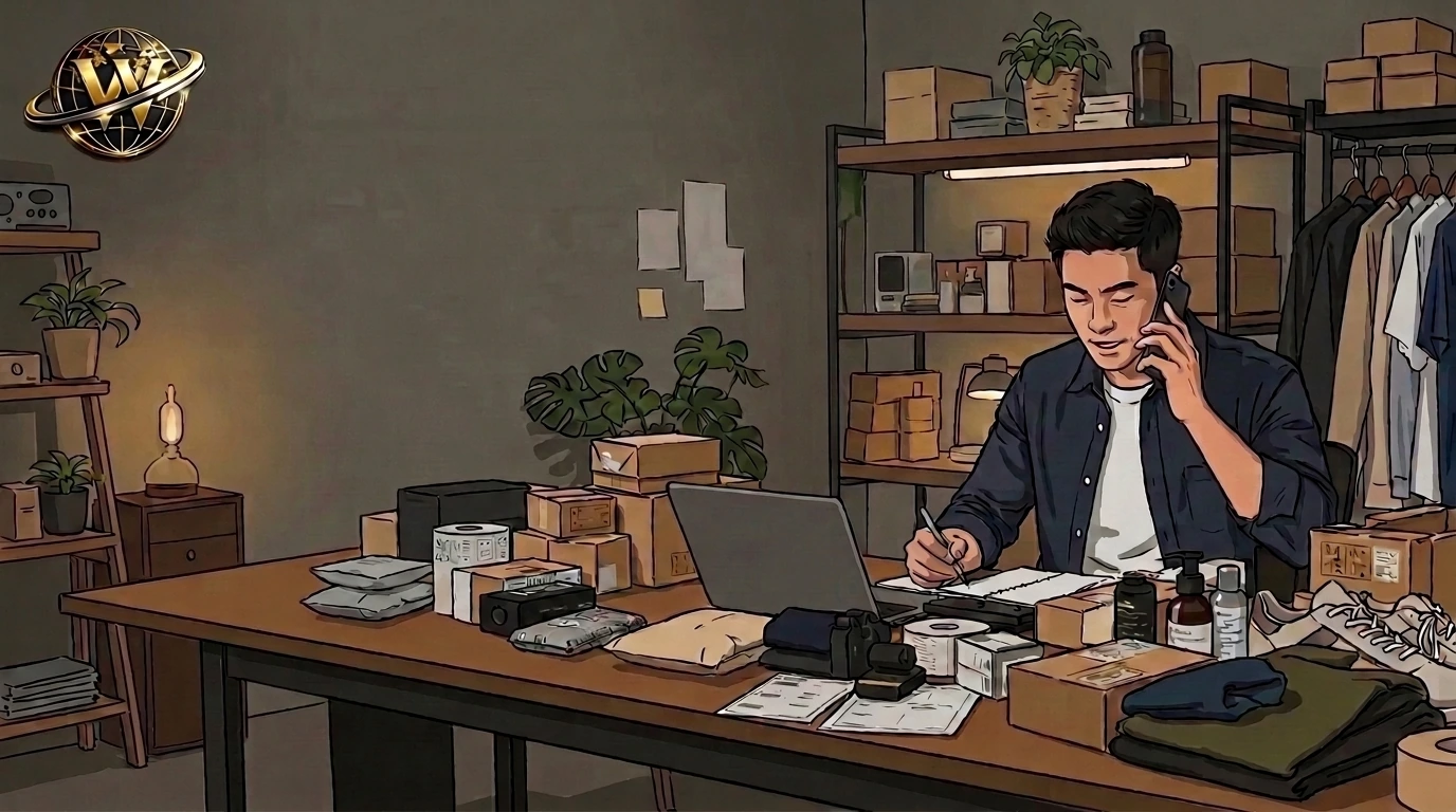 Illustrated workspace showing a seller reviewing fulfillment requirements in a compact product setup