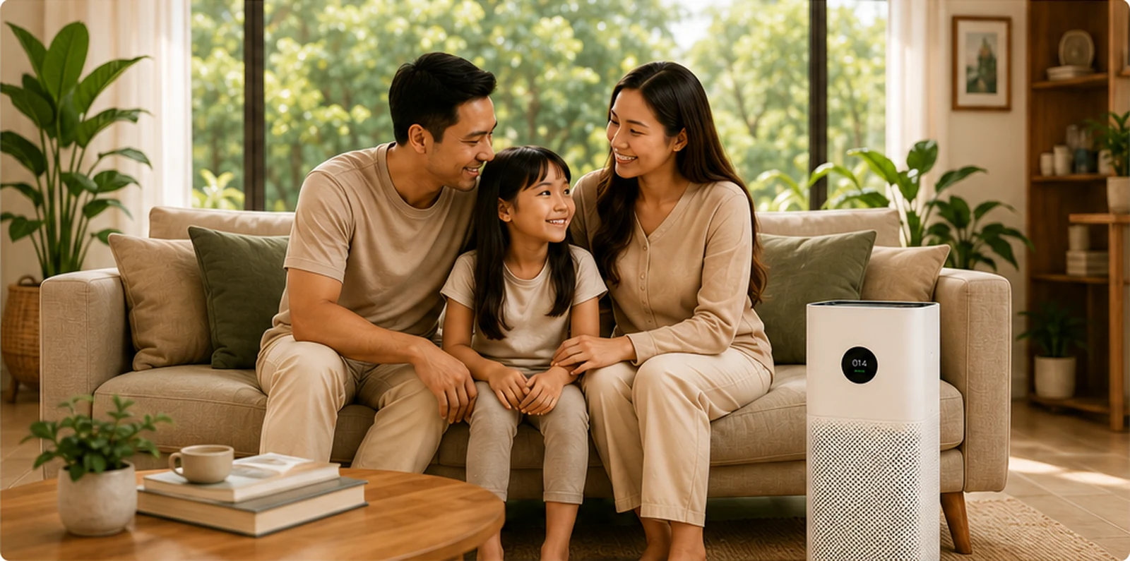 Indonesian family enjoying a bright, healthy modern home beside a clean-air purifier