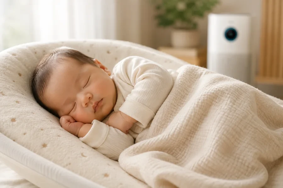 Sleeping baby resting peacefully in a calm, clean nursery