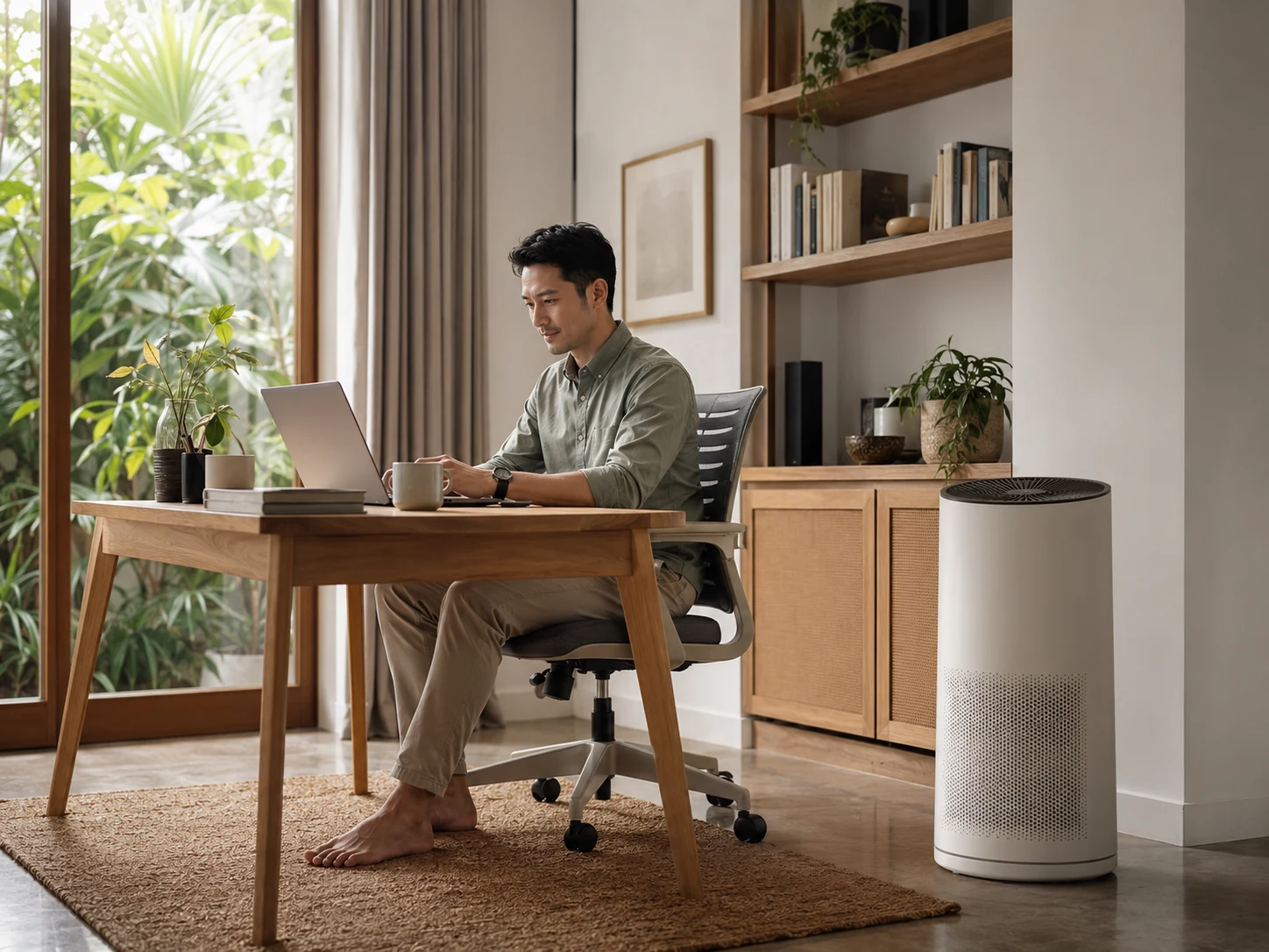 Indonesian professional working in a bright home office with an air purifier nearby