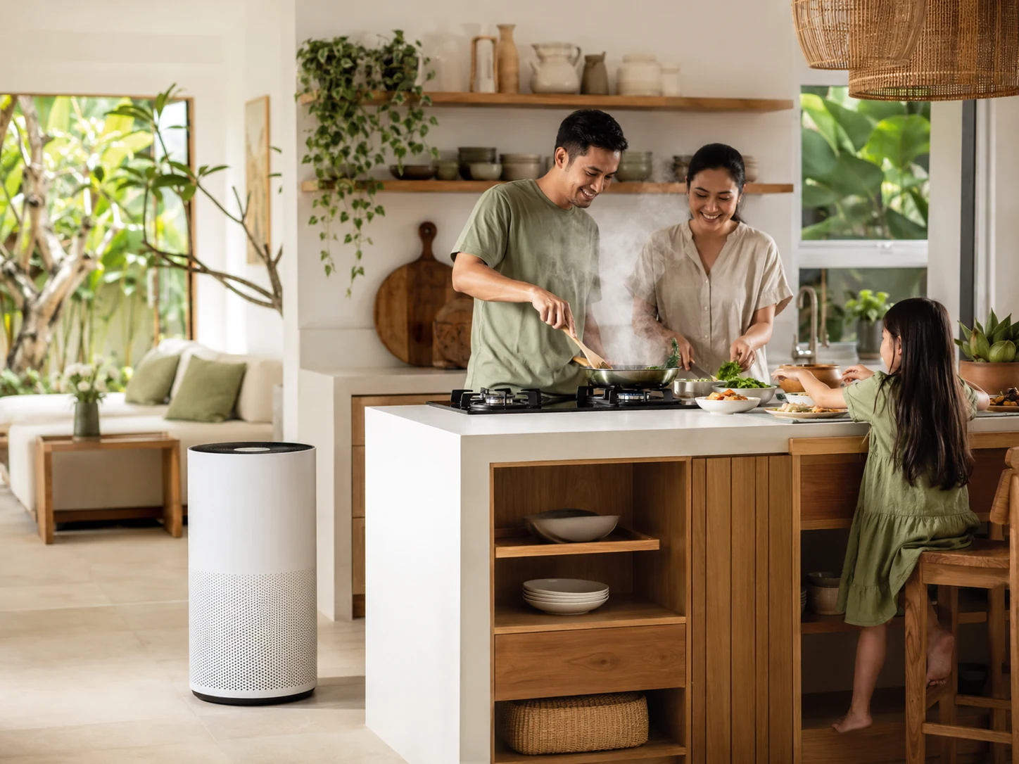 Indonesian family cooking together in a modern kitchen beside an air purifier