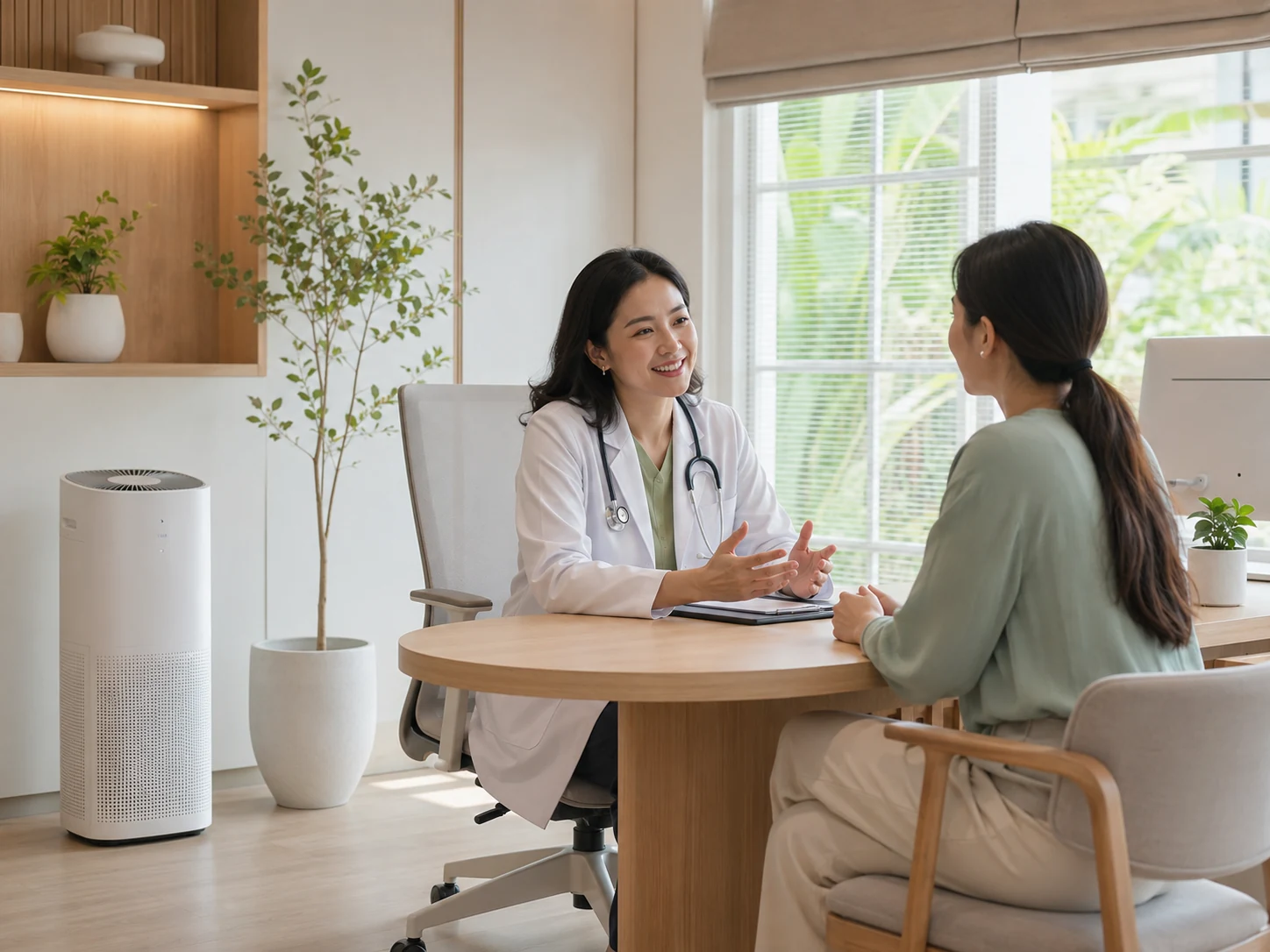 Indonesian doctor consulting with a patient in a modern clinic with an air purifier