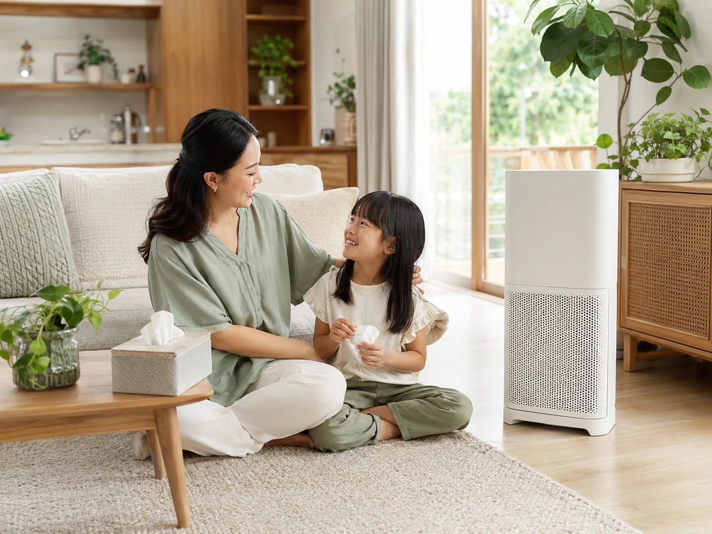 Mother comforting her daughter after mild allergy symptoms beside an air purifier