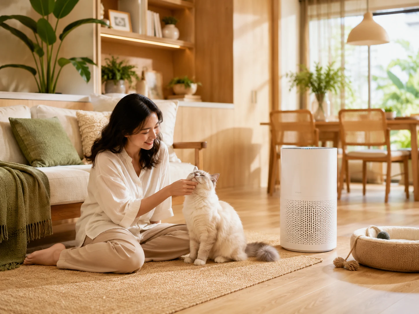 Indonesian woman relaxing with her cat in a clean home beside an air purifier