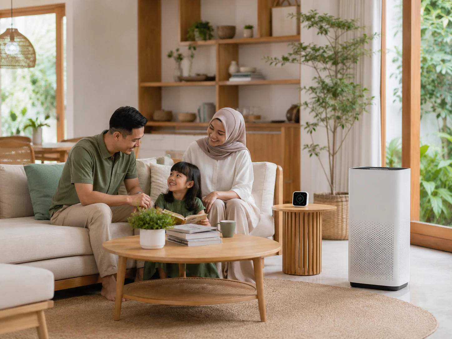 Indonesian family enjoying a complete residential clean-air solution with purifier and monitor