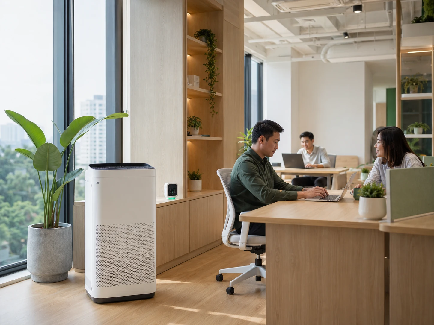 Modern Indonesian workplace with a commercial air purifier and air-quality monitor