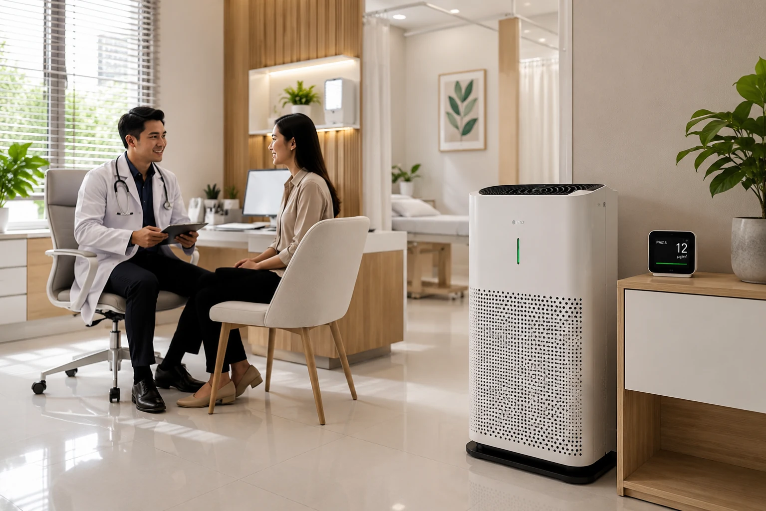 Modern Indonesian clinic with medical-grade purifier and air-quality monitor