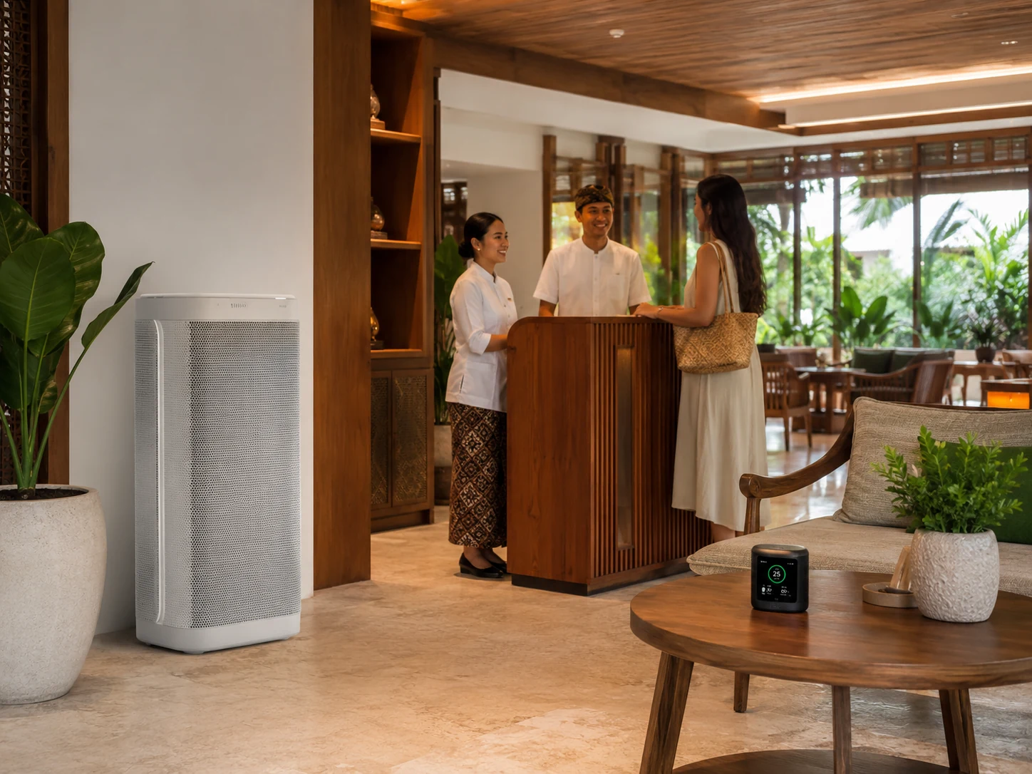 Premium Indonesian hotel lobby with commercial air purifier and air-quality monitor