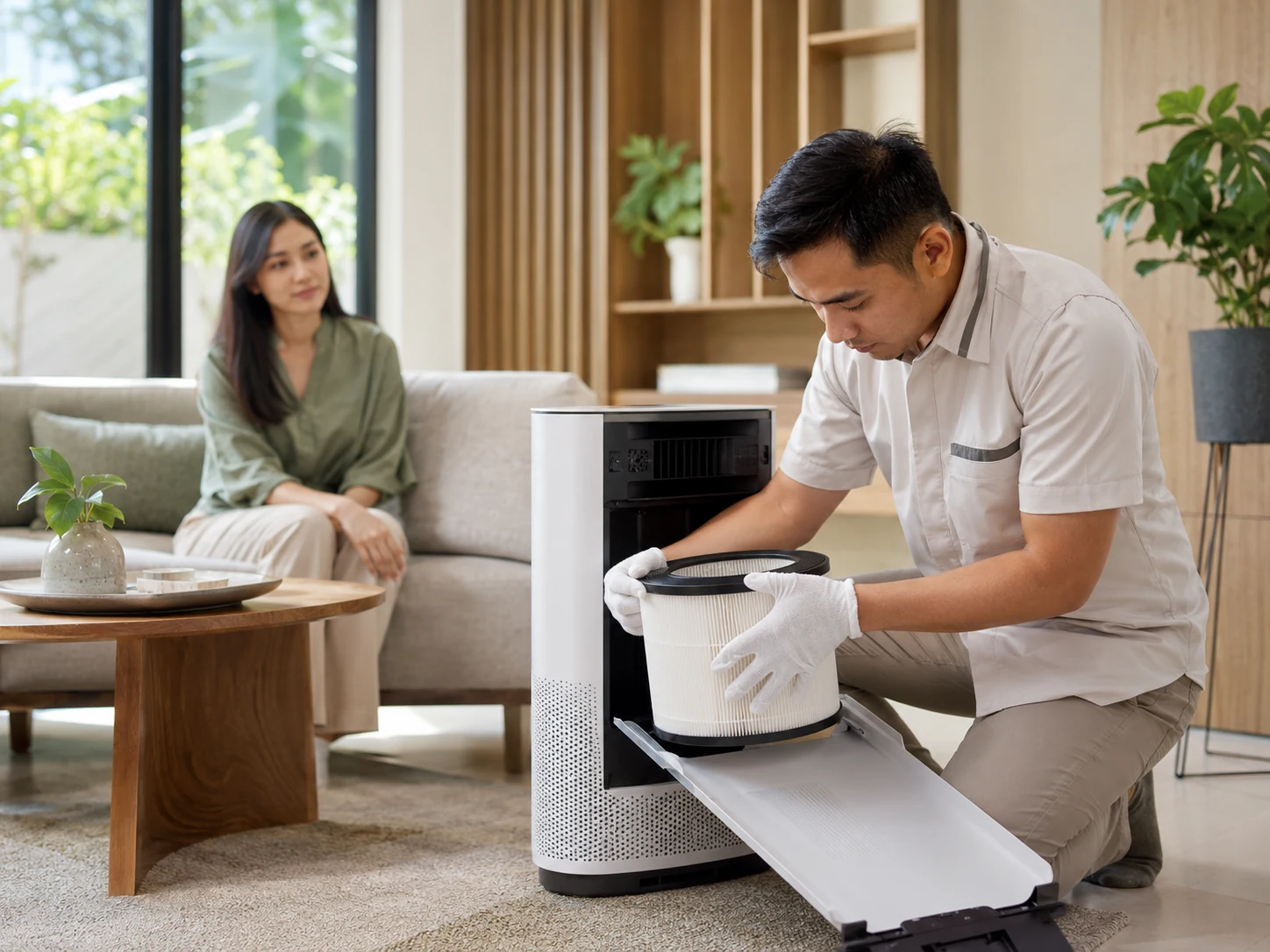 Indonesian technician replacing an air purifier filter during a professional service visit