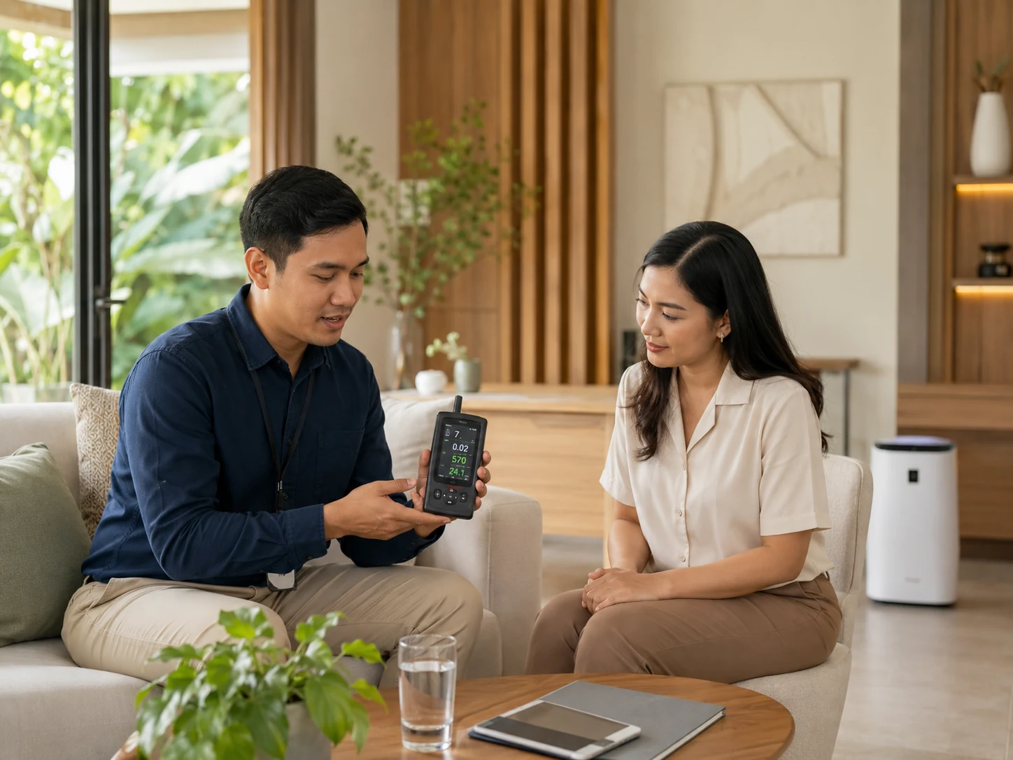 Indoor air-quality consultant explaining portable monitor readings to a homeowner