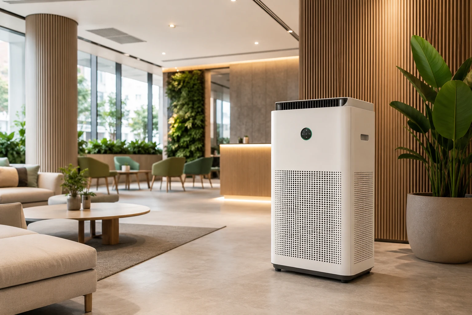 High-capacity commercial air purifier in a premium shared space