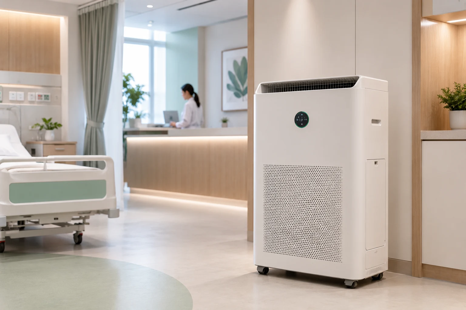 Medical-grade air purifier in a modern healthcare environment