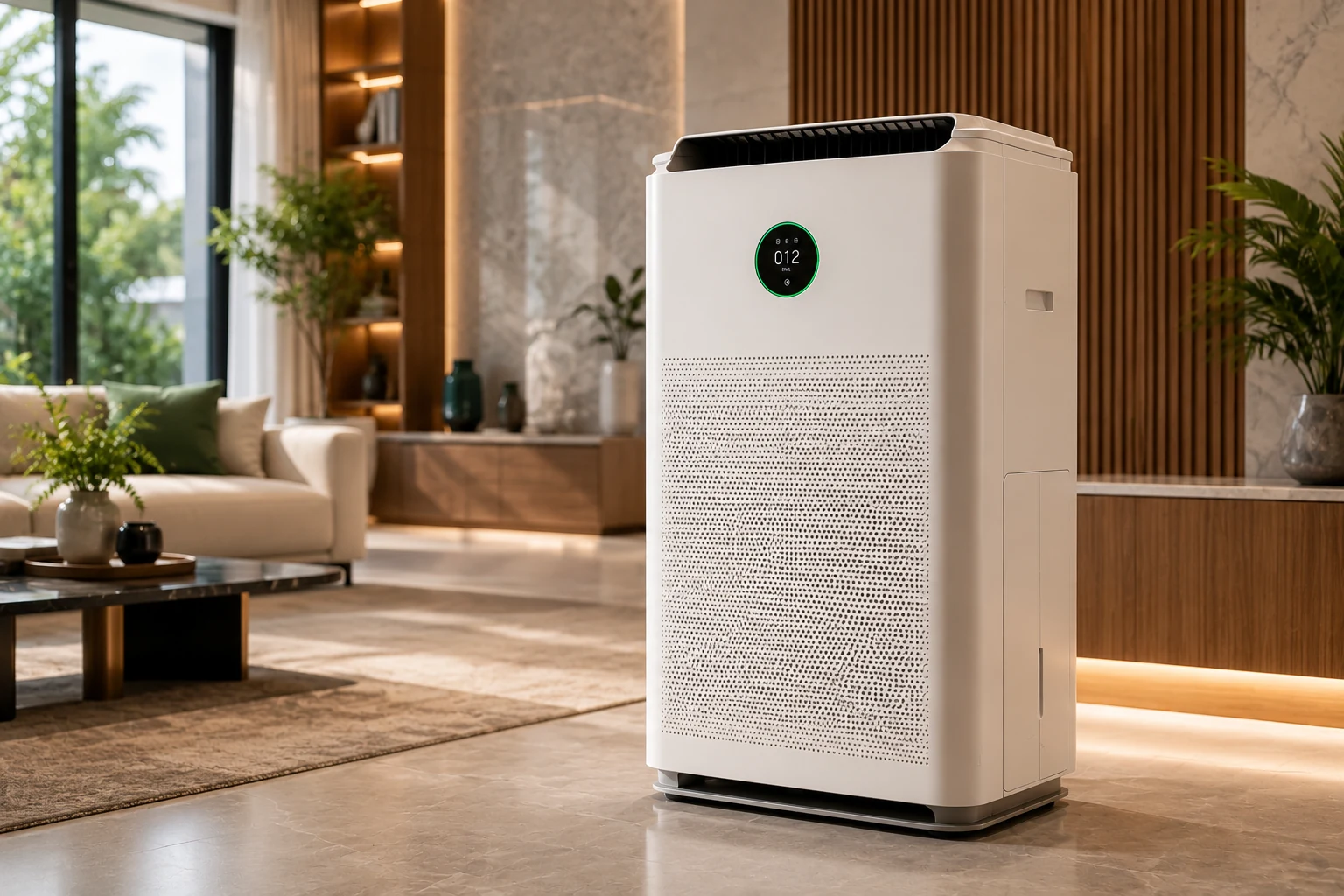 Flagship WAZ Pure Living purifier in a premium contemporary interior