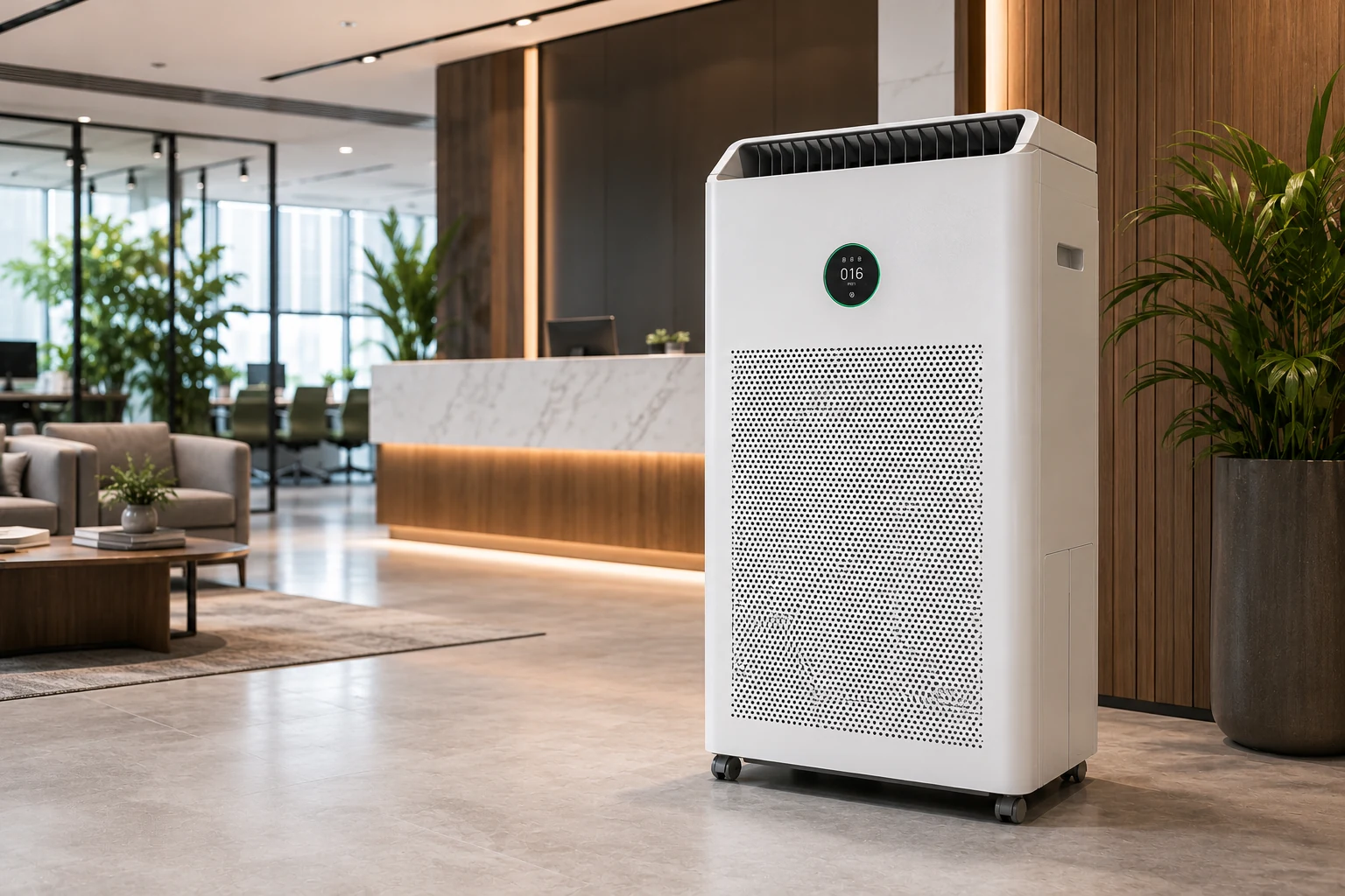 High-capacity commercial purifier in a modern office reception