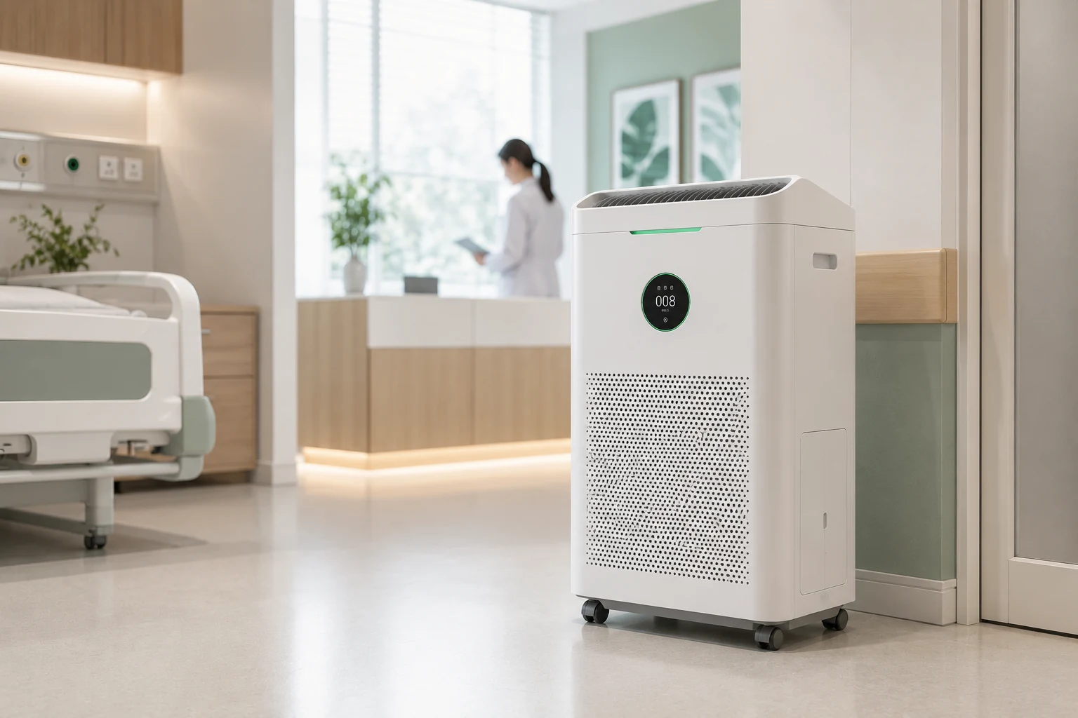 Specialist medical-grade purifier in a calm healthcare room