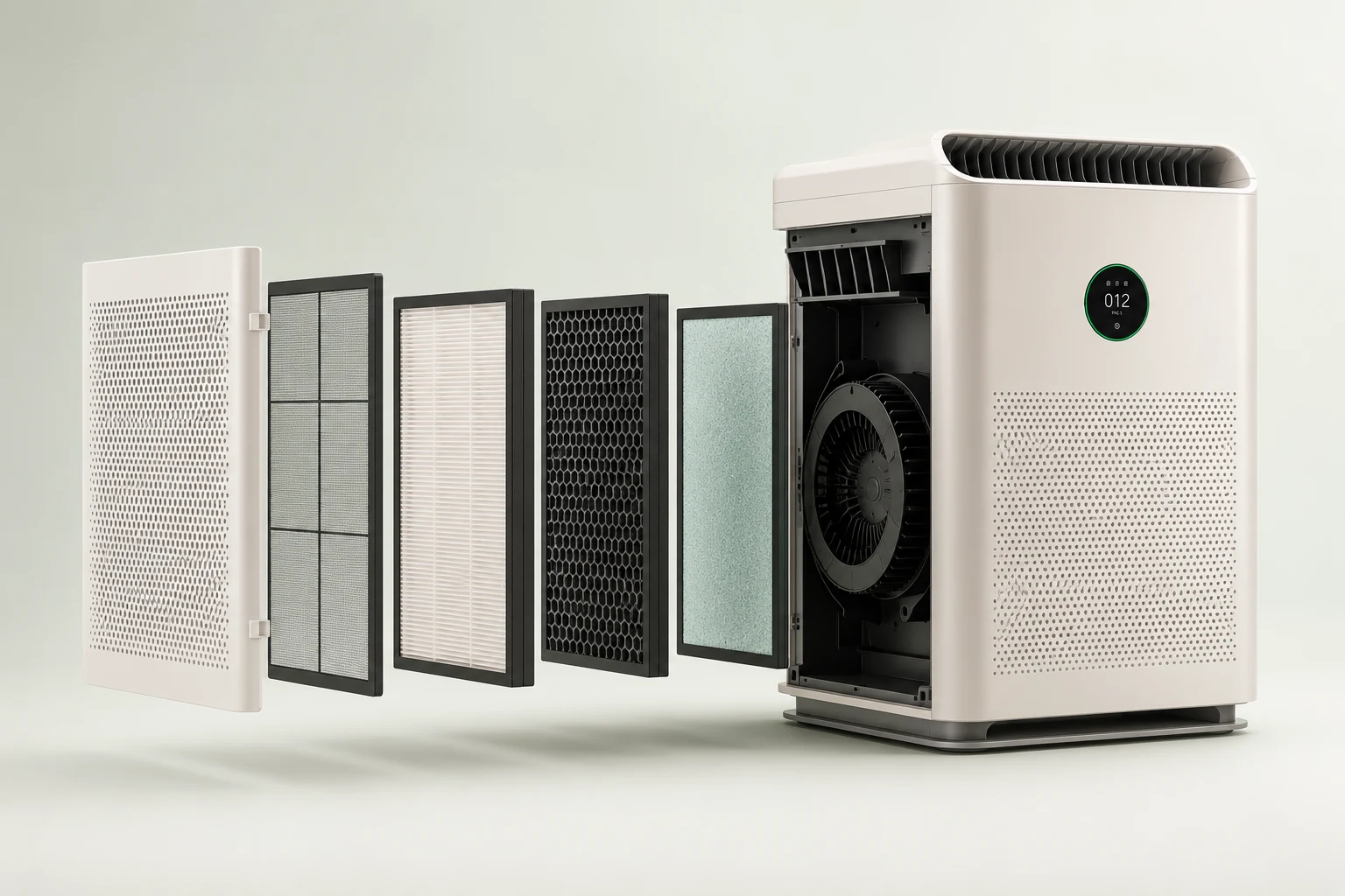 Flagship purifier opened to reveal its ordered multi-stage filter assembly