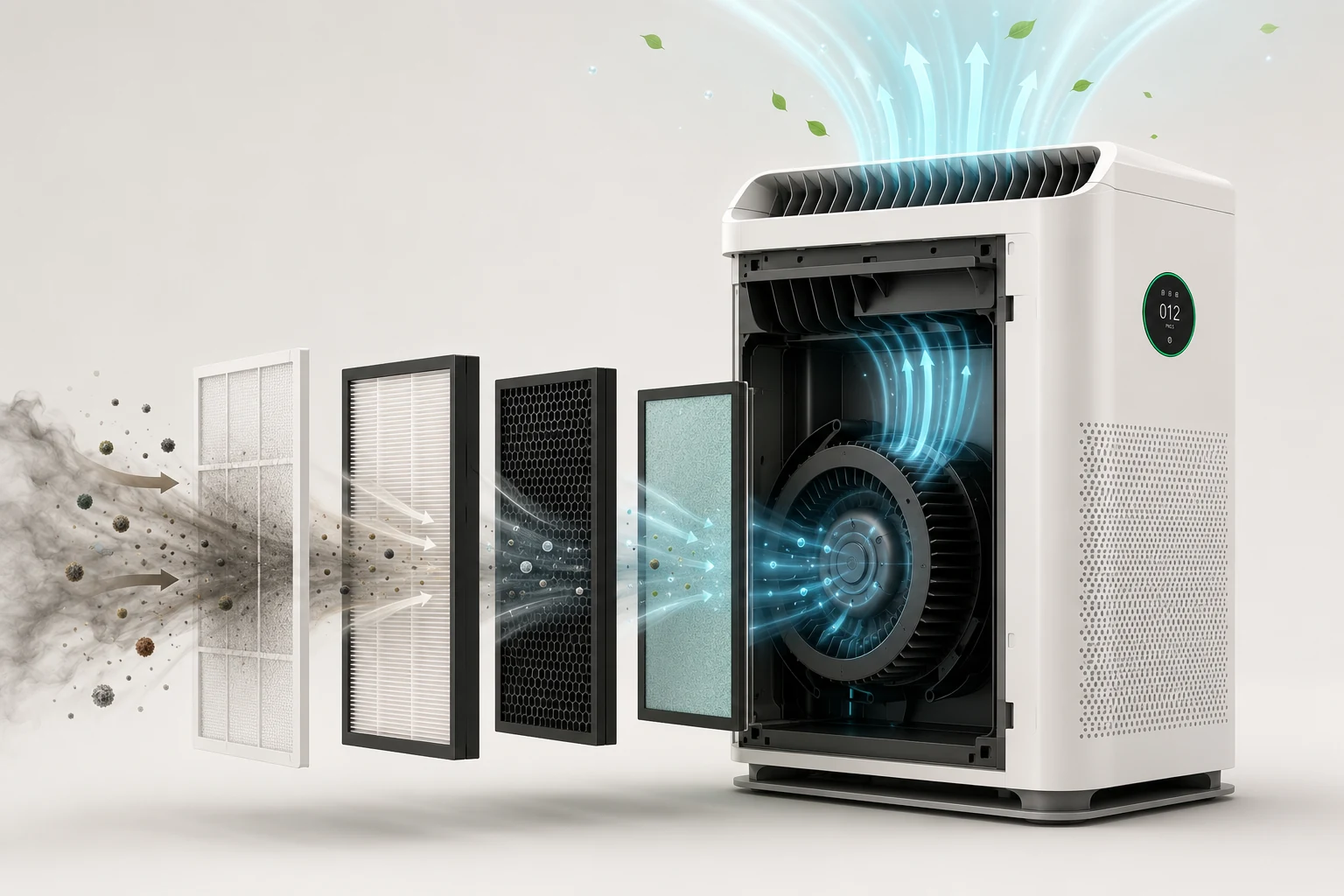 Air moving through multiple filter stages and exiting from the purifier as cleaner airflow