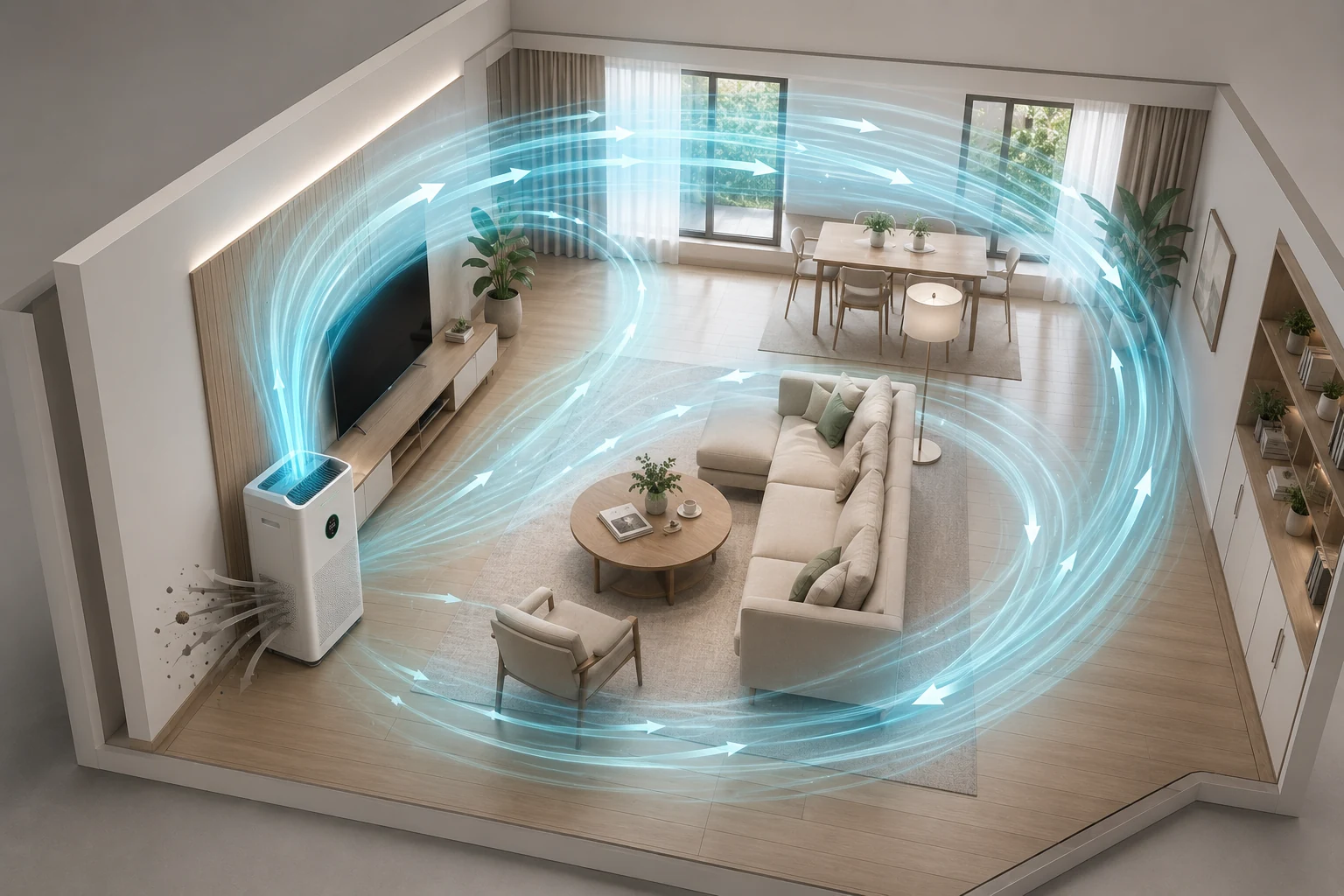 Airflow circulating from a purifier throughout a modern living and dining space