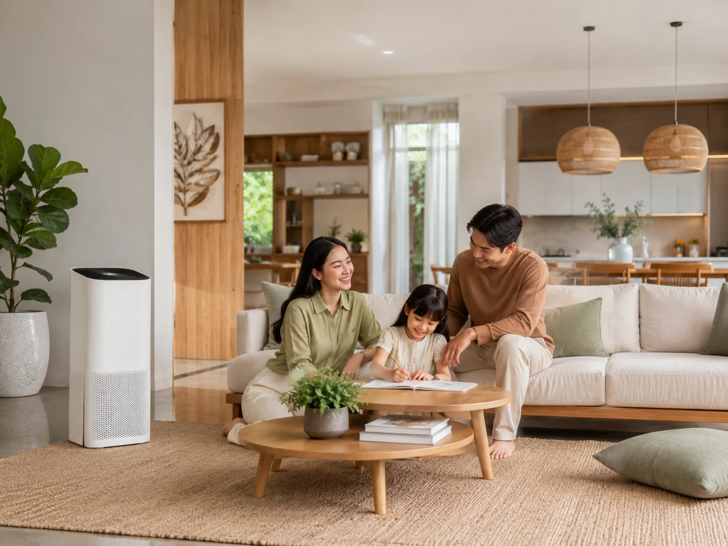 Indonesian family enjoying a healthy modern home beside an air purifier
