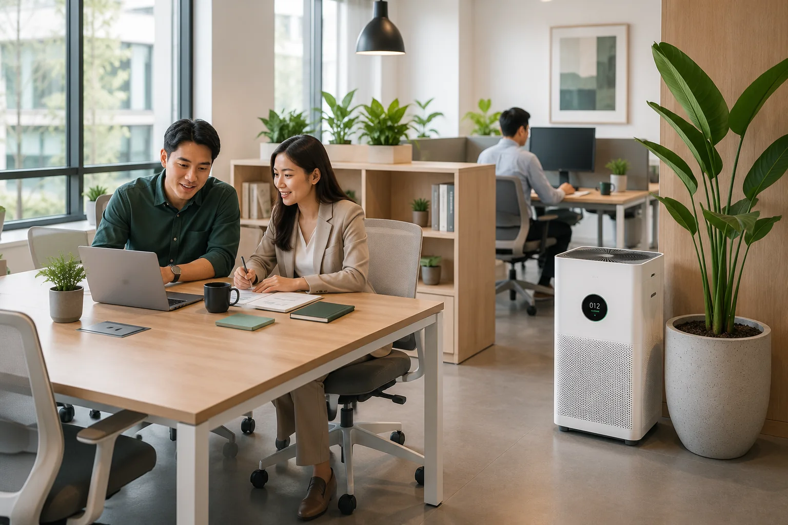 Indonesian professionals working in a bright modern office beside an air purifier