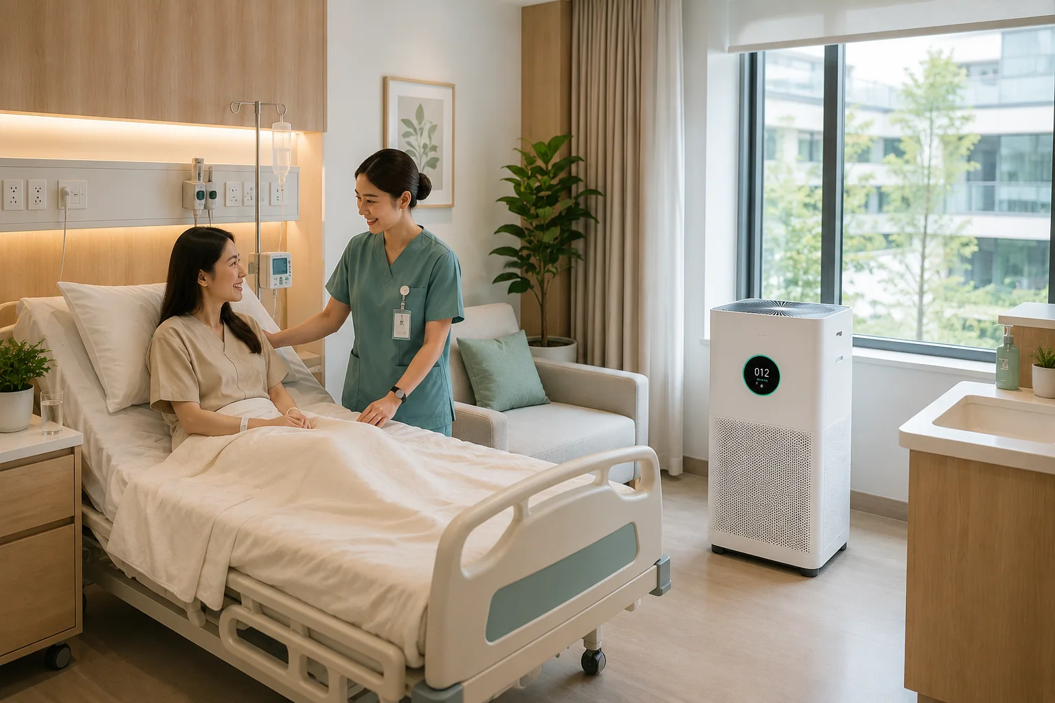 Indonesian nurse caring for a patient in a modern hospital room beside an air purifier