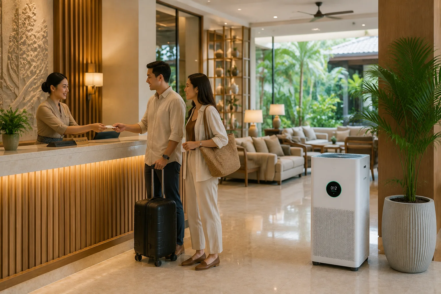 Indonesian hotel staff welcoming guests beside a commercial air purifier