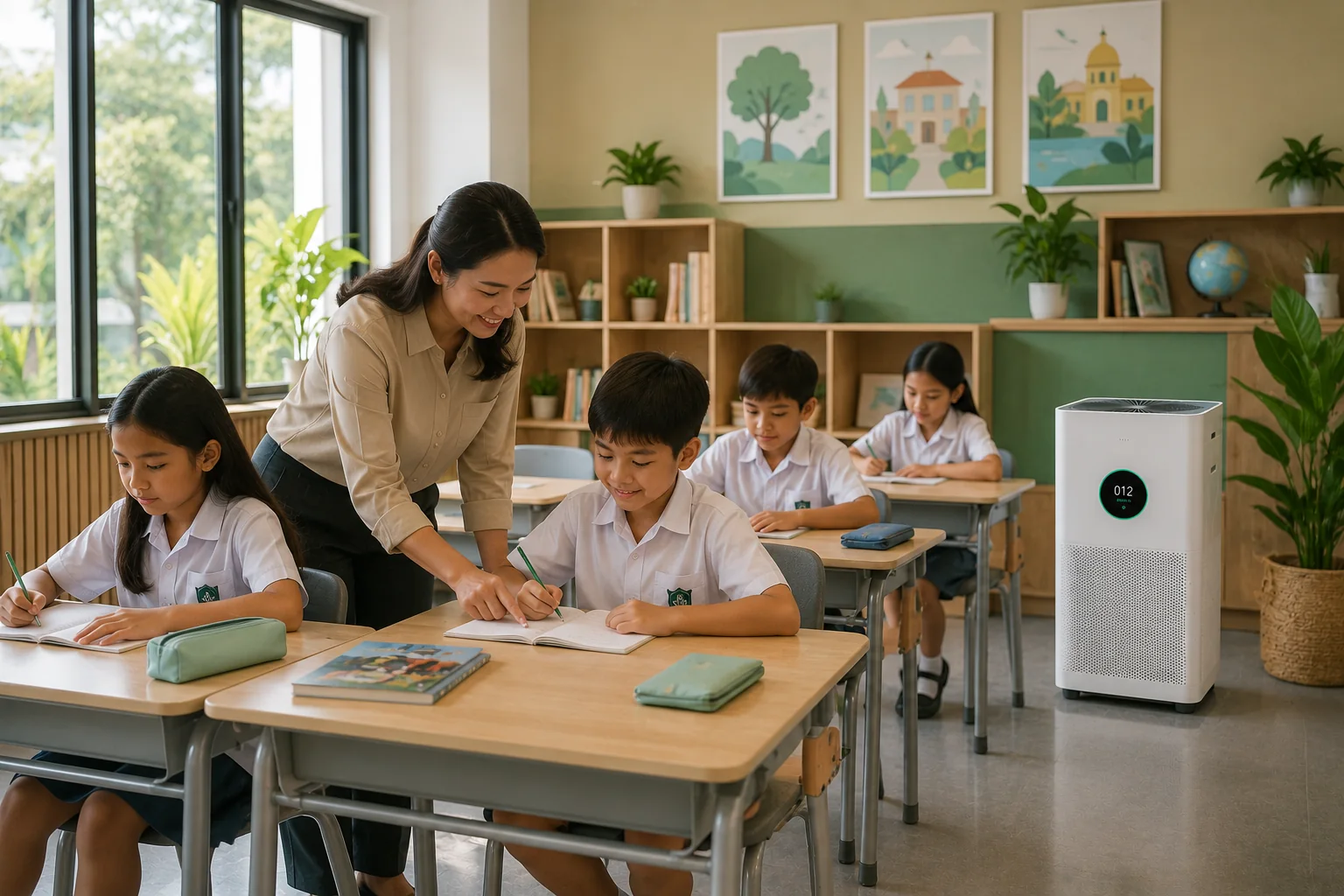 Indonesian teacher and students learning in a bright classroom beside an air purifier