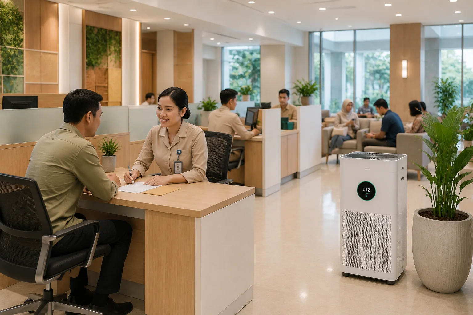 Indonesian public-service staff assisting a visitor beside a commercial air purifier