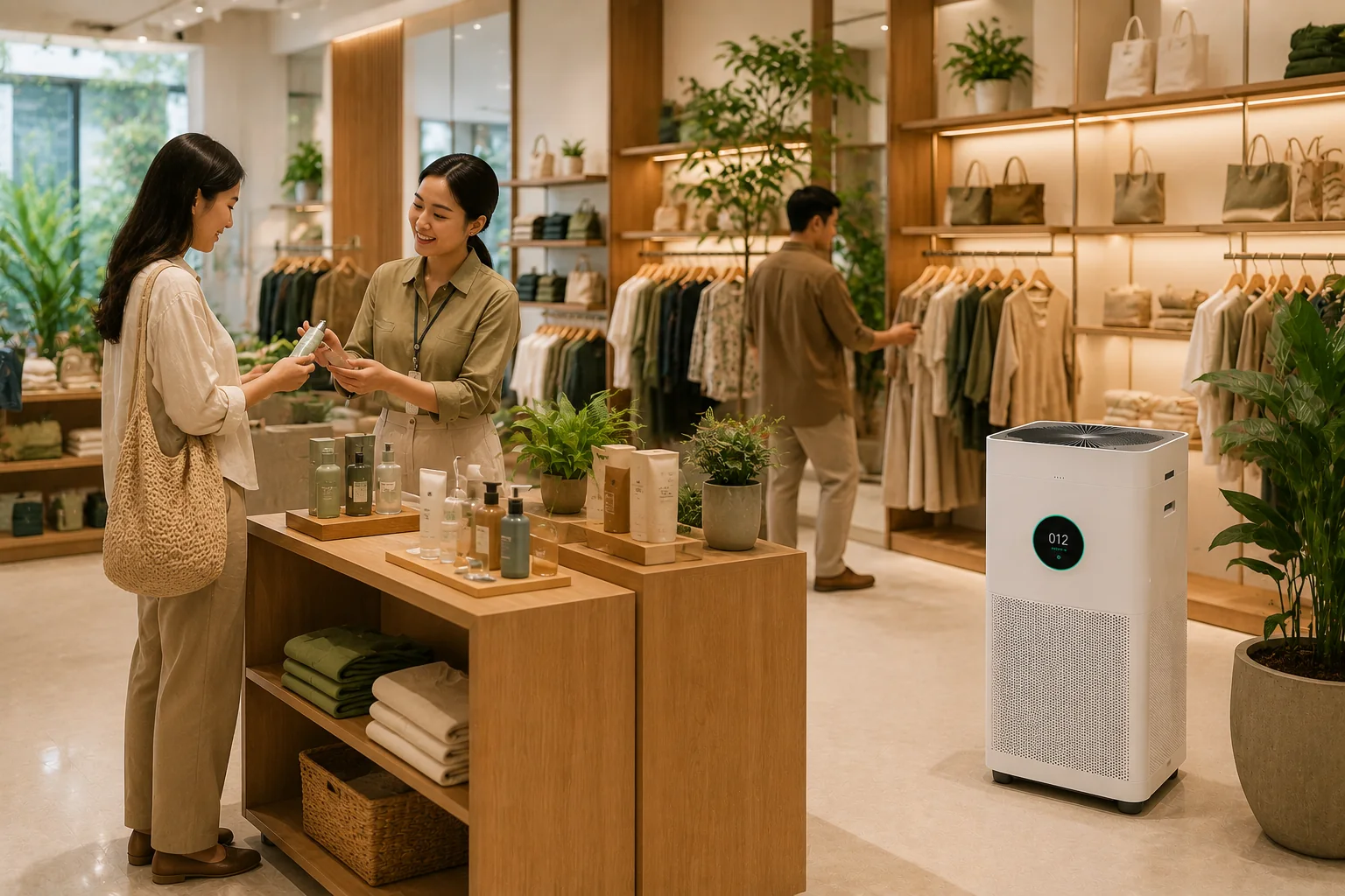Indonesian retail associate assisting a customer beside a commercial air purifier