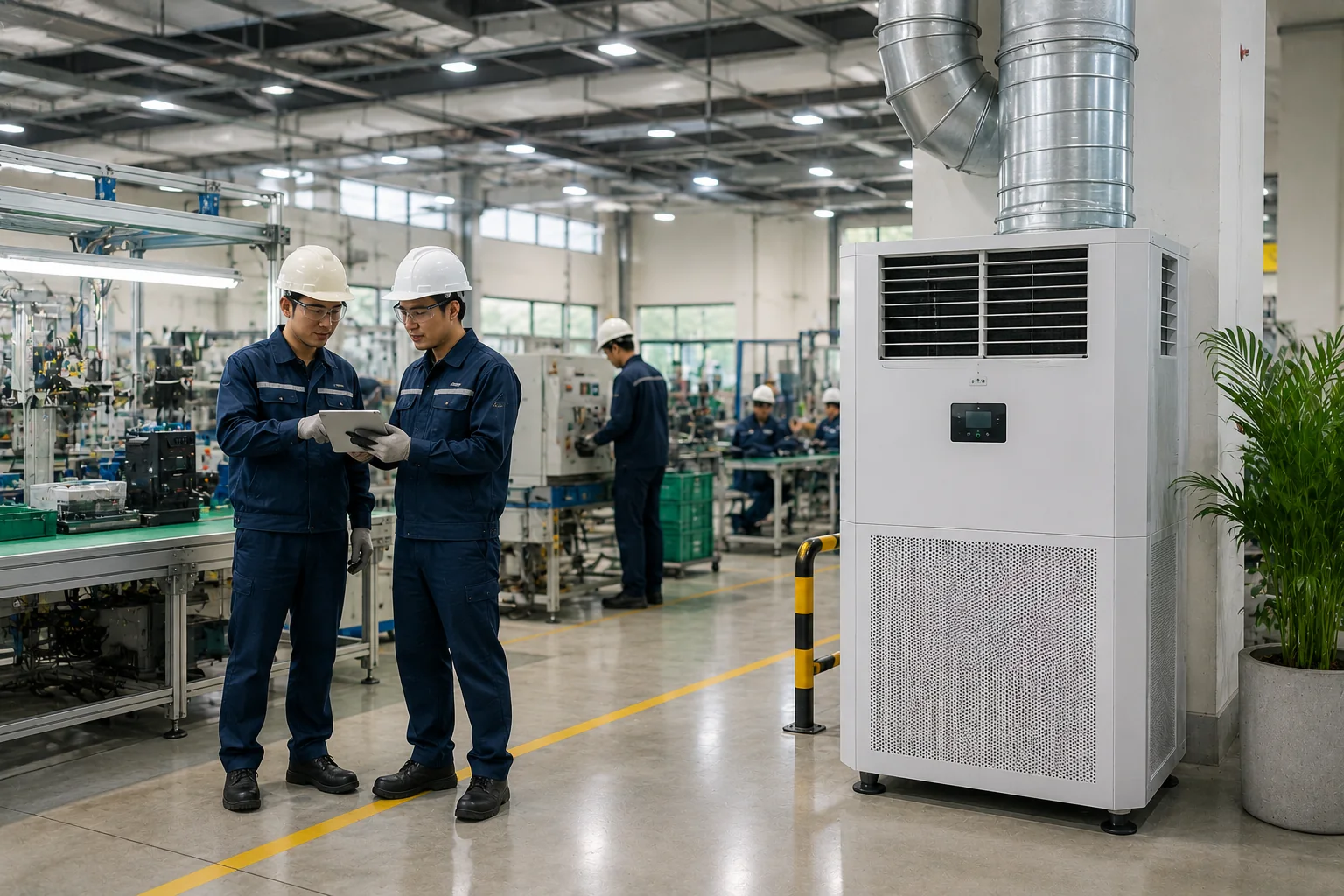 Indonesian technicians working in a clean manufacturing facility beside an industrial air-treatment unit