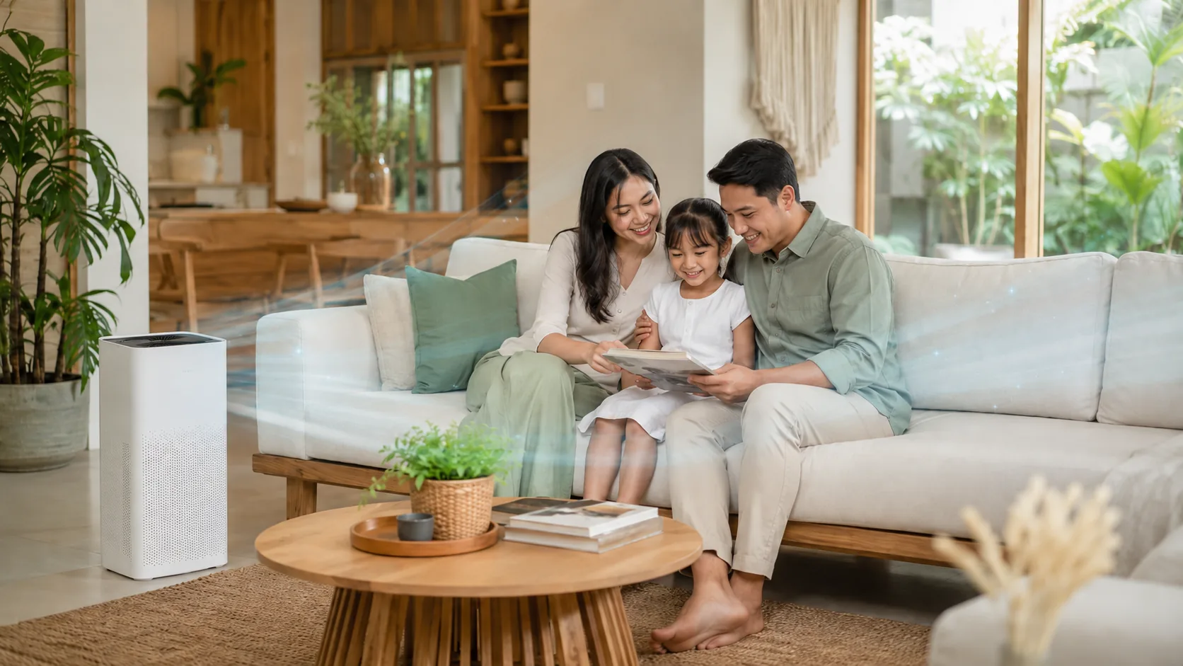 Indonesian family enjoying a healthier home environment beside a residential air purifier