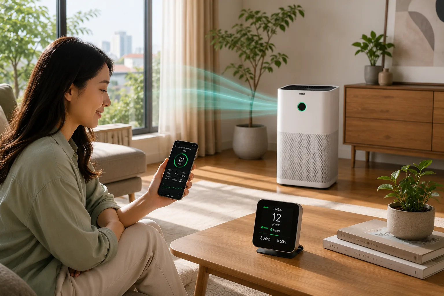 Customer reviewing smart indoor air-quality information