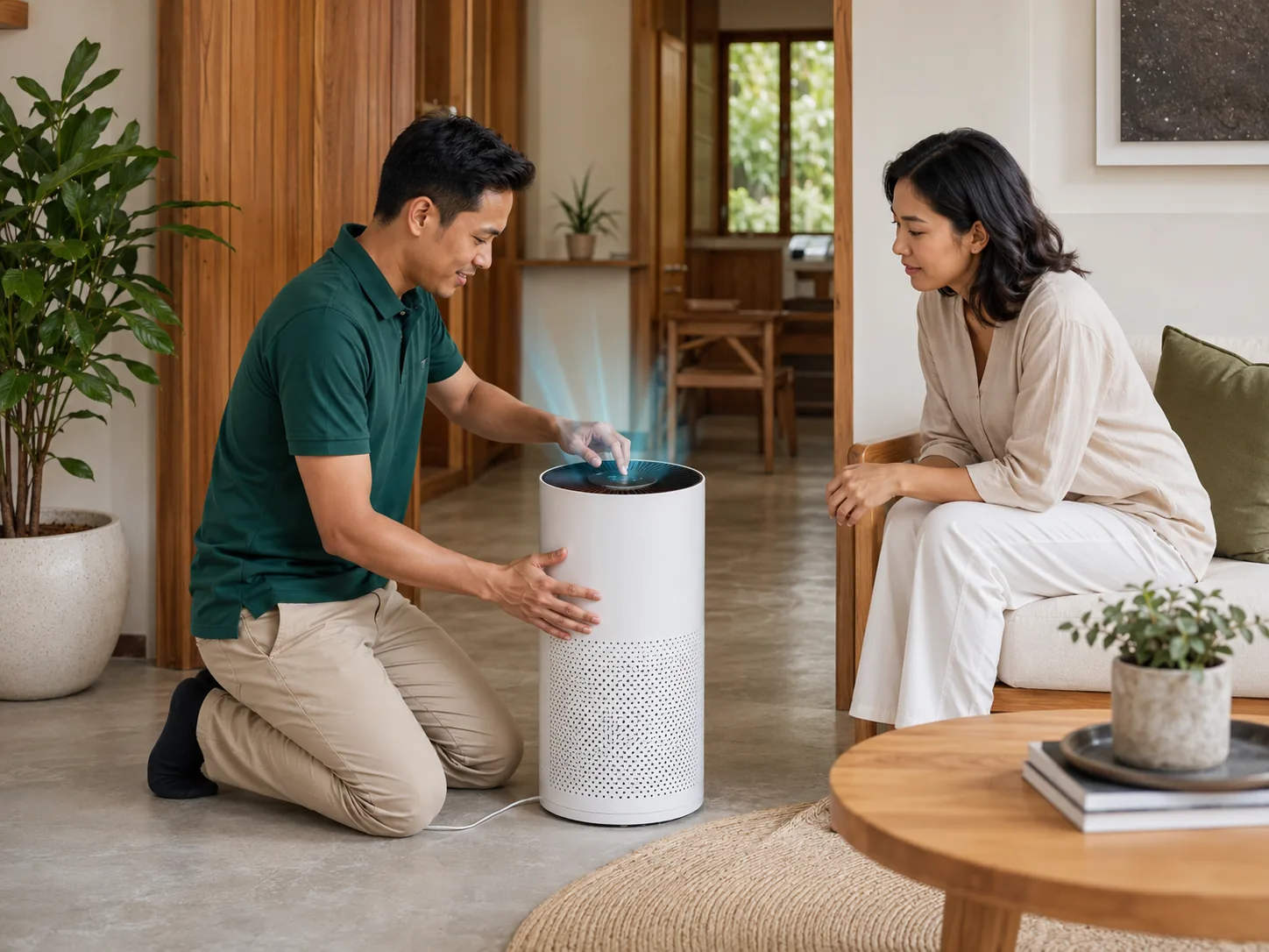 Technician configuring a residential purifier