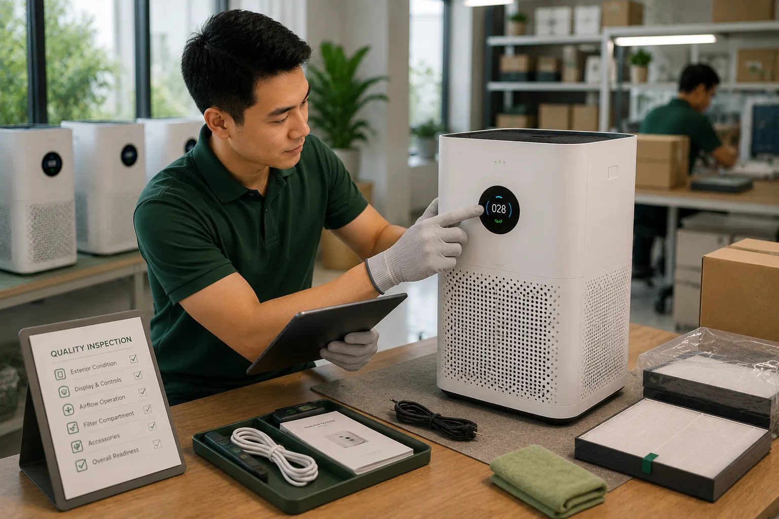 Technician performing a final quality inspection on an air purifier
