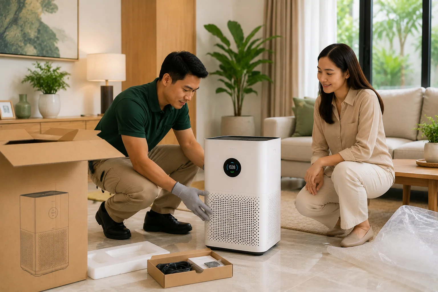 Careful purifier delivery and setup inside a modern Indonesian home