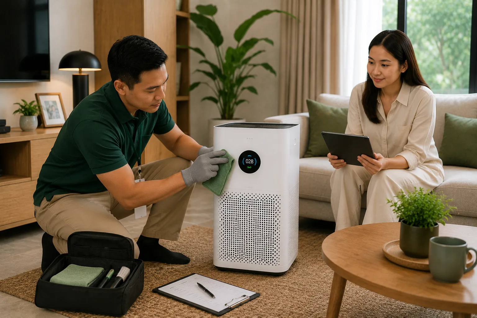 Technician carrying out scheduled maintenance on a customer air purifier